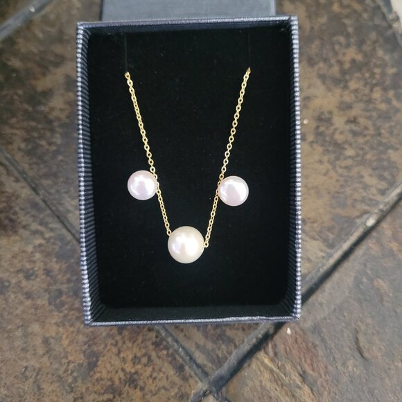 Pearl Earrings & Necklace Set 925 Sterling Silver Gold Plated - Picture 1 of 3